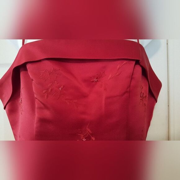 Ginnis Red Satin embroidered bodice bridesmaid gown - Picture 3 of 11